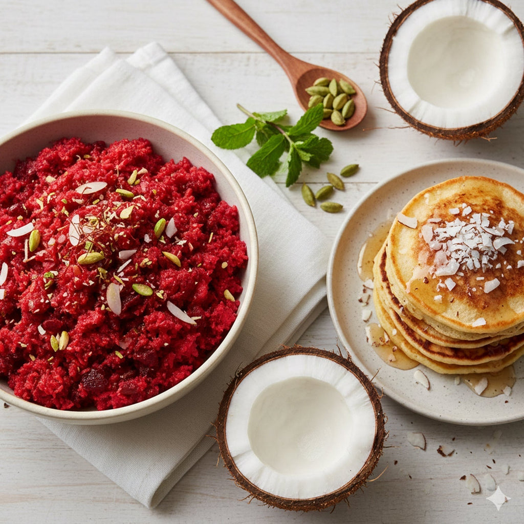 Beetroot Carrot Halwa With Rice Coconut Pancake